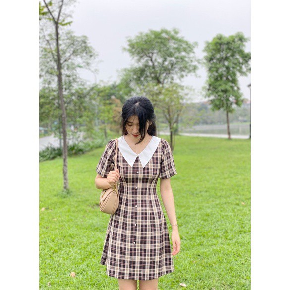 Đầm Kẻ Thiết Kế Cổ Bẻ Cúc Ngọc -Hàng Thiết Kế Cao Cấp made by TeamLU