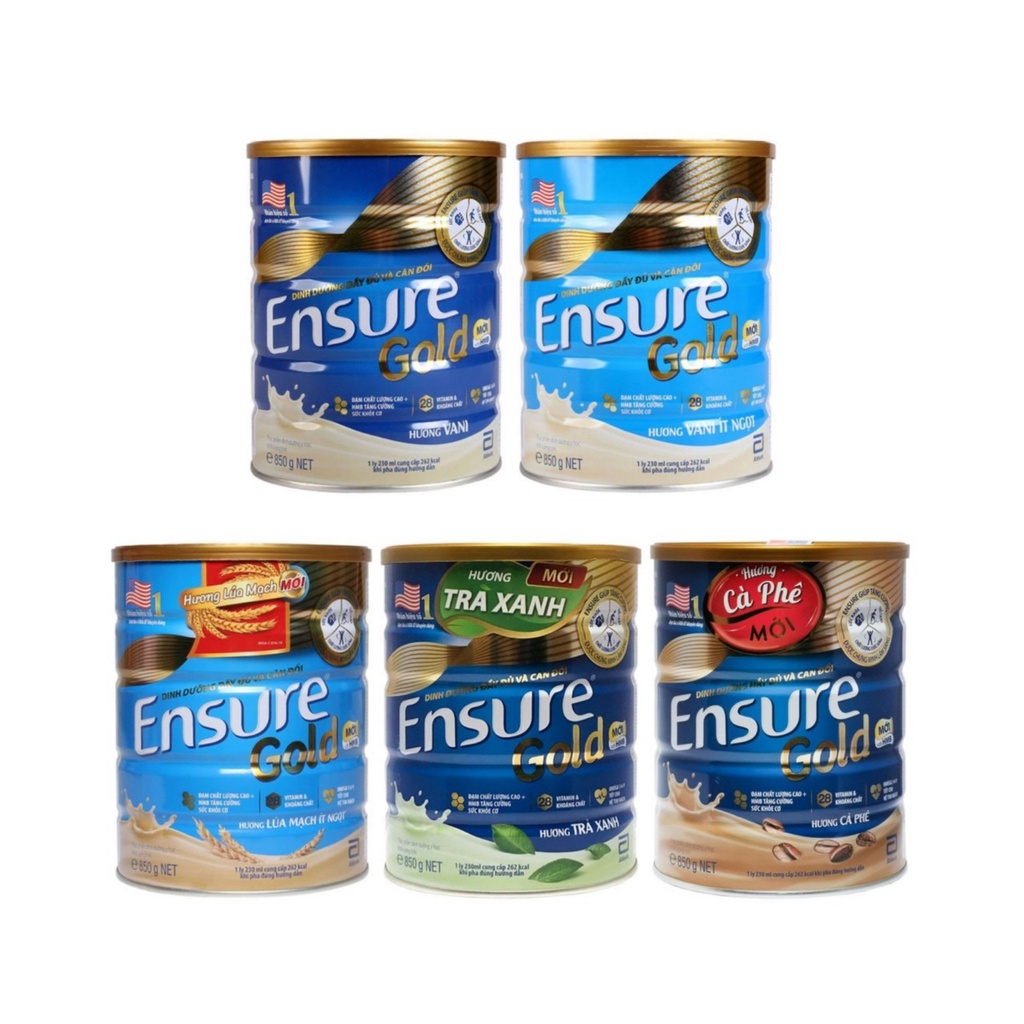 Sữa bột Ensure Gold hương Vani, Ít Ngọt, Lúa Mạch, Trà Xanh, Café 850g