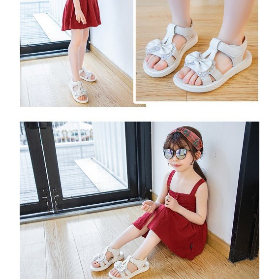 Sandal đi biển cho bé gái, Sandal Đính Nơ xinh xắn cho bé  gái từ 2 tuổi đến 15 tuổi _ Đế êm, da mềm_Hàng đẹp