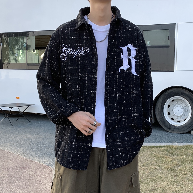 Áo Khoác Sơ Mi Tay Dài Dáng Rộng Kẻ Sọc Ca Rô Cài Nút Thời Trang Hàn Quốc Cho Nam