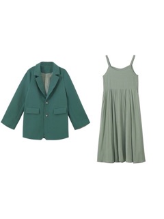 Set áo blazer - váy 2 dây xanh cổ vịt