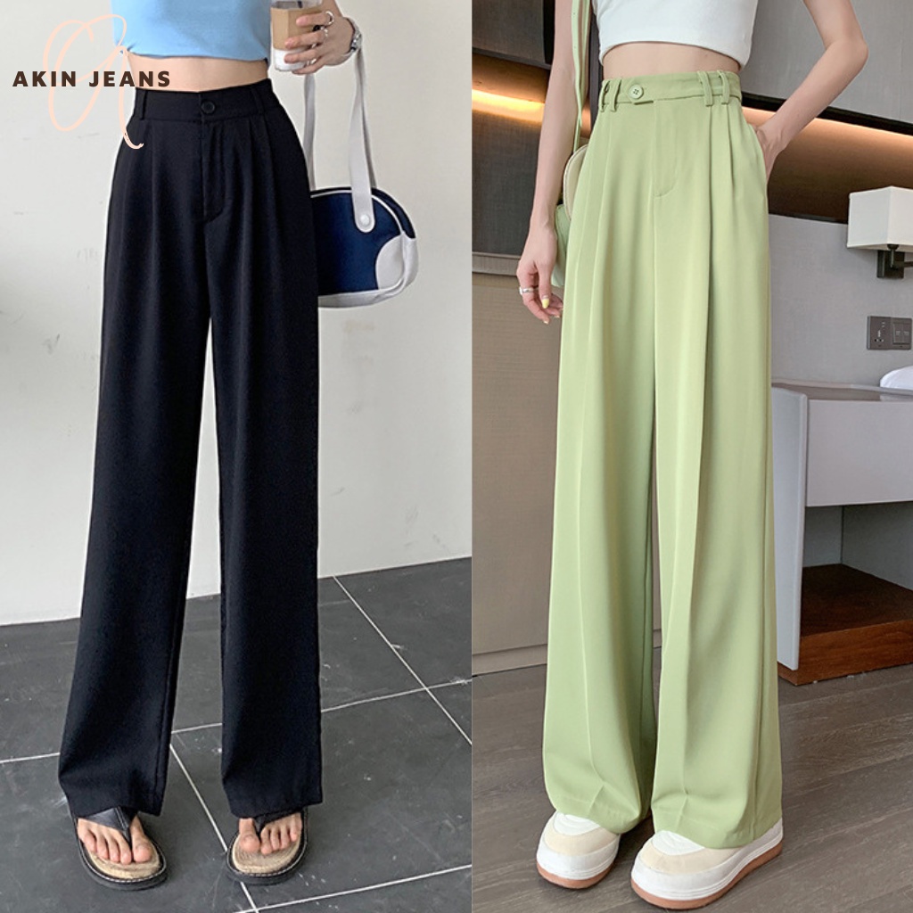 Quần Ống Suông Nữ Lưng Cao, AKIN JEANS, Quần Ống Rộng Dáng Đứng Baggy Chất Vải Ruby Cao Cấp, S1CRB Qc
