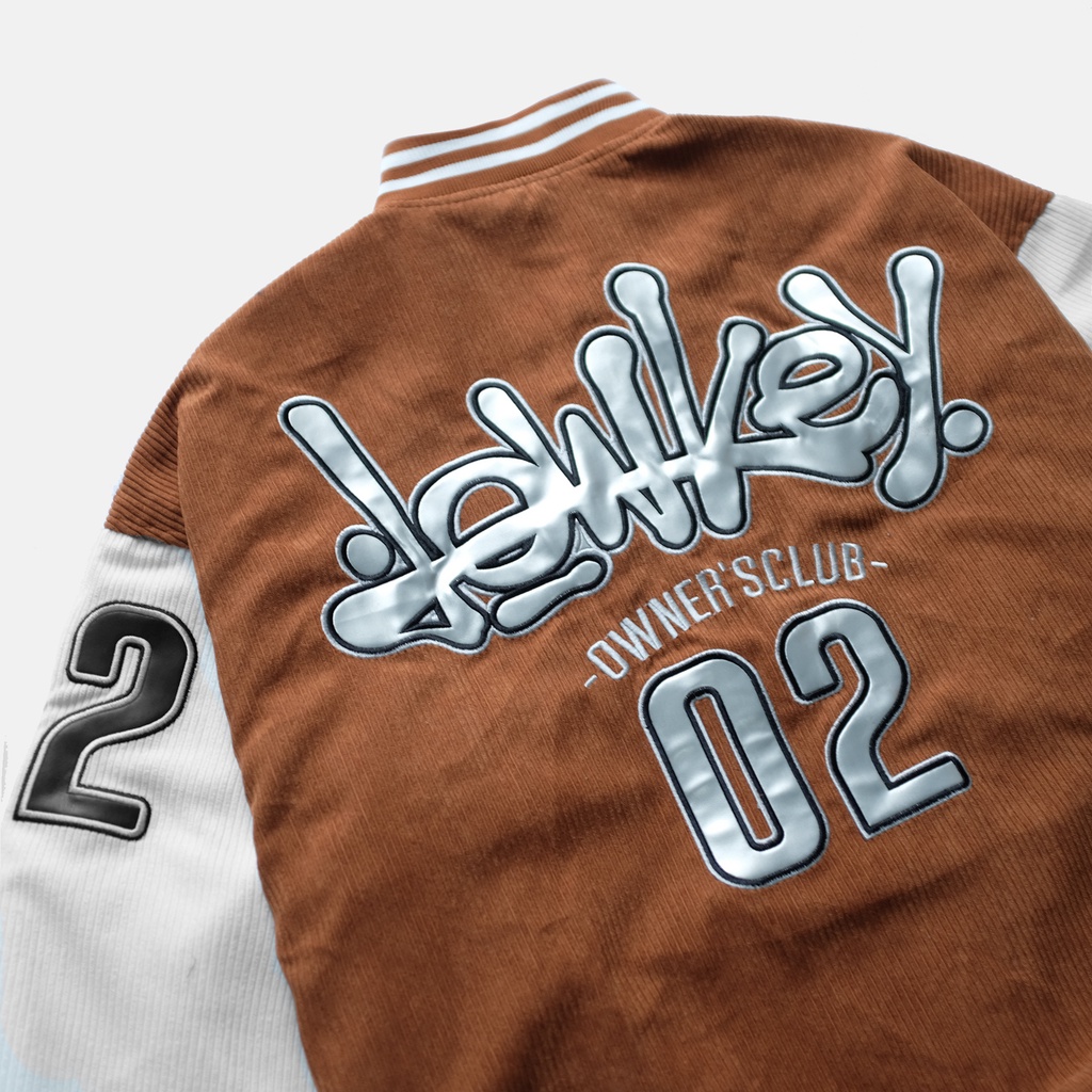 Áo khoác Varsity Brown/White Nhung Tăm Full Thêu Logo Lowkey Phối Da PU Varsity Jacket Lowkey Uni