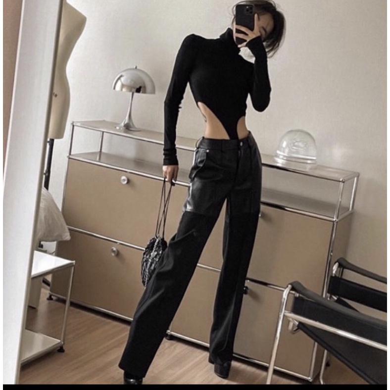 Áo bodysuit tay dài cổ lọ khoét eo cao (SẴN TRẮNG M) | BigBuy360 - bigbuy360.vn