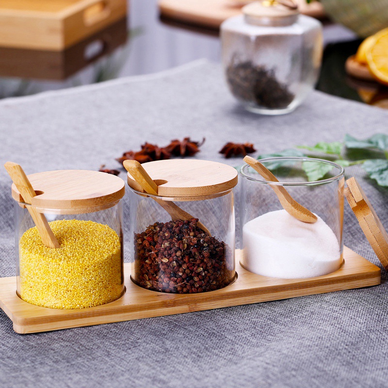 Set 3 Hũ Đựng Gia Vị Trong Suốt Có Nắp Đậy Và Muỗng Tiện Dụng Cho Nhà Bếp