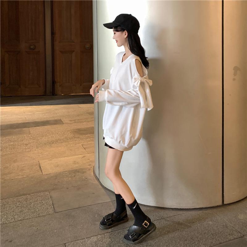 SUA004 Áo sweater thun cổ V đen trắng tay bồng khoét vai nơ babydoll cute thu đông thời trang nữ tính bánh bèo tiểu thư