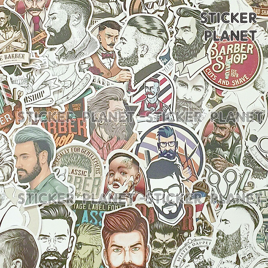 Bộ sticker chủ đề Barber shop tiệm cắt tóc trang trí mũ bảo hiểm, đàn, guitar, ukulele, điện thoại laptop