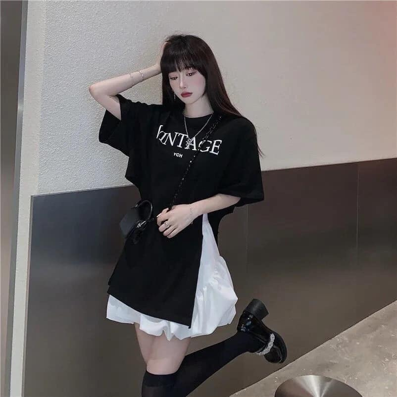 Set áo chân váy vintage dáng xòe phối áo thun xẻ tà phom rộng unisex/ Set đồ nữ phong cách hàn quốc_veestore