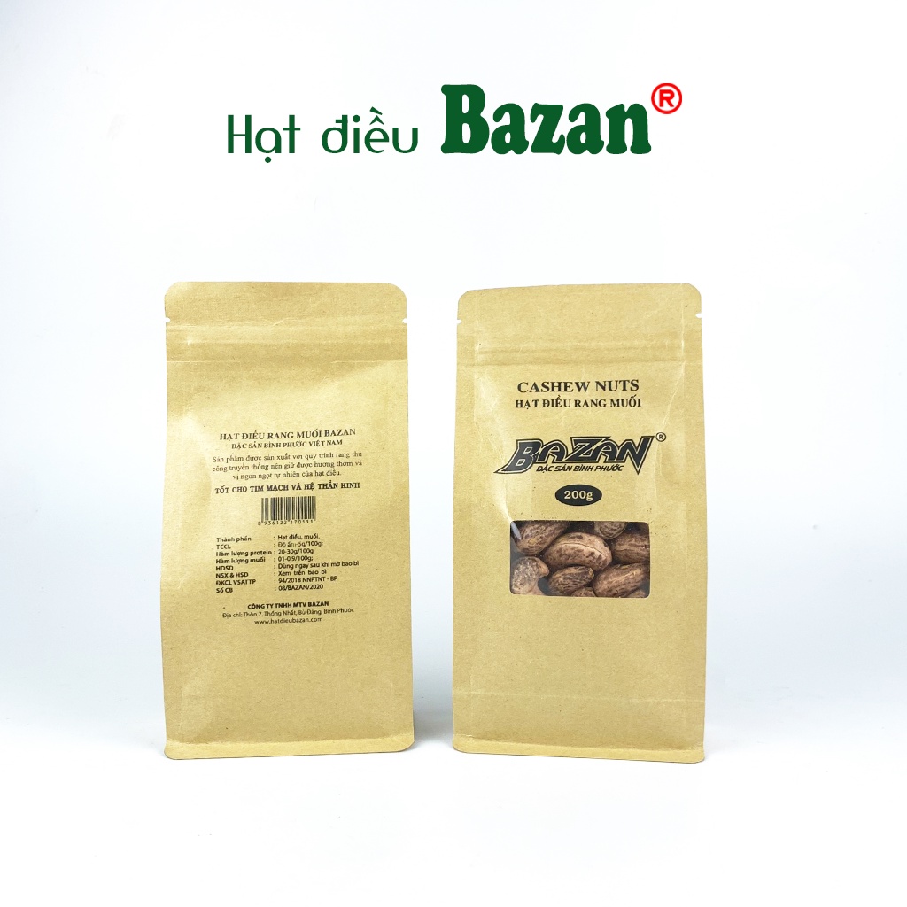 Hạt điều rang muối Bazan Bình Phước nguyên hạt dinh dưỡng A+ loại 1 túi Zip 200g còn vỏ lụa | BigBuy360 - bigbuy360.vn