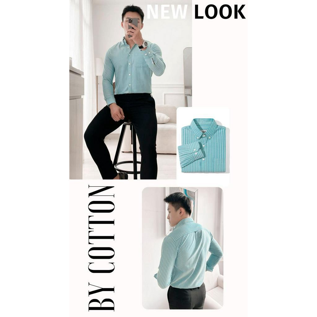 Áo Sơ Mi Nam Dài Tay Xanh Lục Lam Phối Sọc BY COTTON Blue Cyan Stripes Oxford