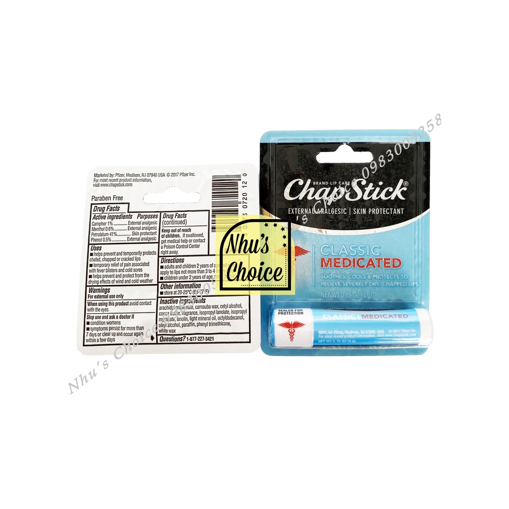 1 Thỏi Son dưỡng môi cho môi nứt nẻ và bảo vệ mềm môi ChapStick Classic Medicated Lip Balm Tube 0.15 oz
