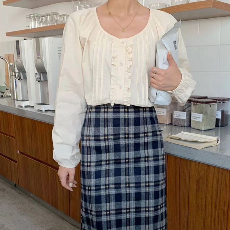 Áo babydoll cổ tròn phối bèo vintage tiểu thư