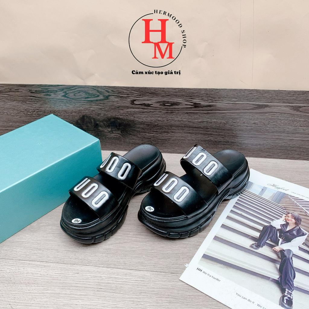 Dép 2 quai ngang nữ thêu chữ UOO đế cao siêu nhẹ êm chân cao cấp 2023 2 màu HERMOOD