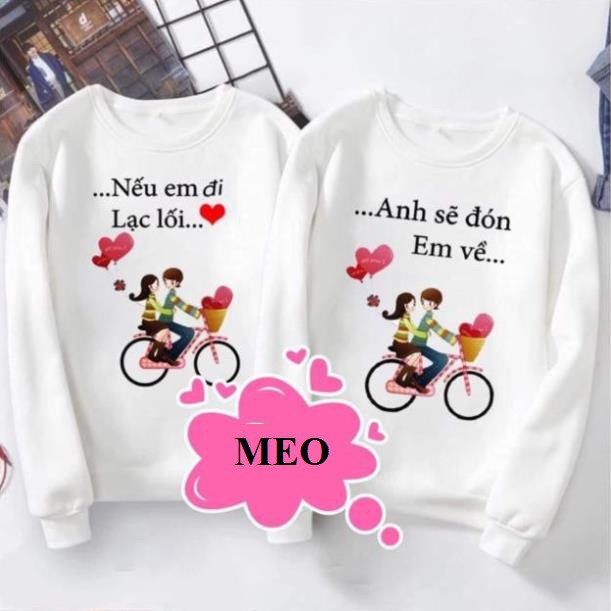 Combo 2 Chiếc Áo Cặp Đôi Thu Đông Nam Nữ Tình Yêu Siêu Xinh Cute Dài Bo Tay Cổ Tròn Cotton Da Cá In 3D Nếu Em Đi Lạc Lối