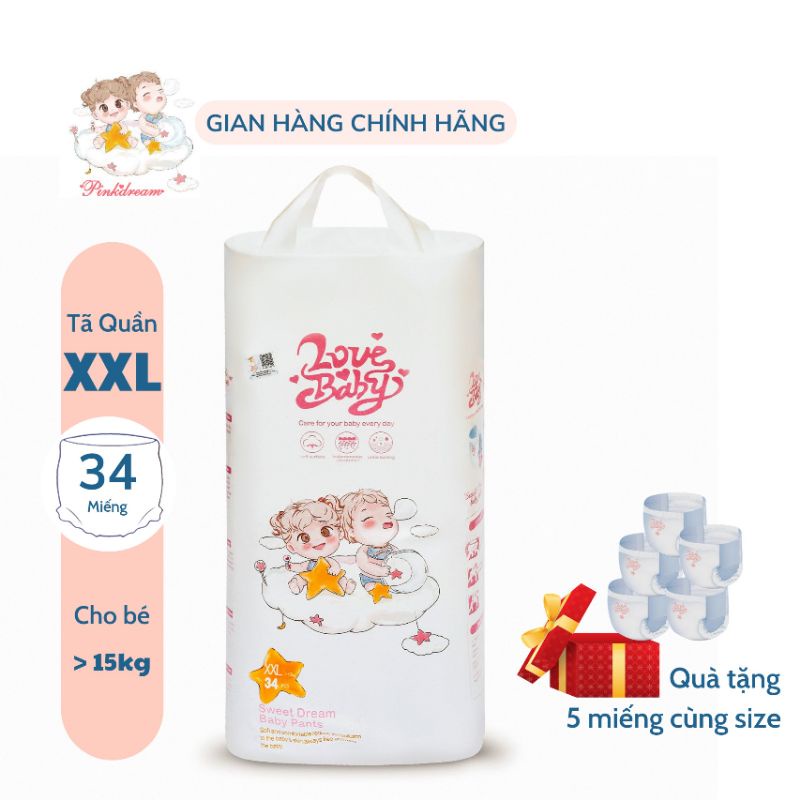 Tã/bỉm quần hữu cơ PinkDream Lovebaby size XXL 34 miếng cho bé trên 15kg