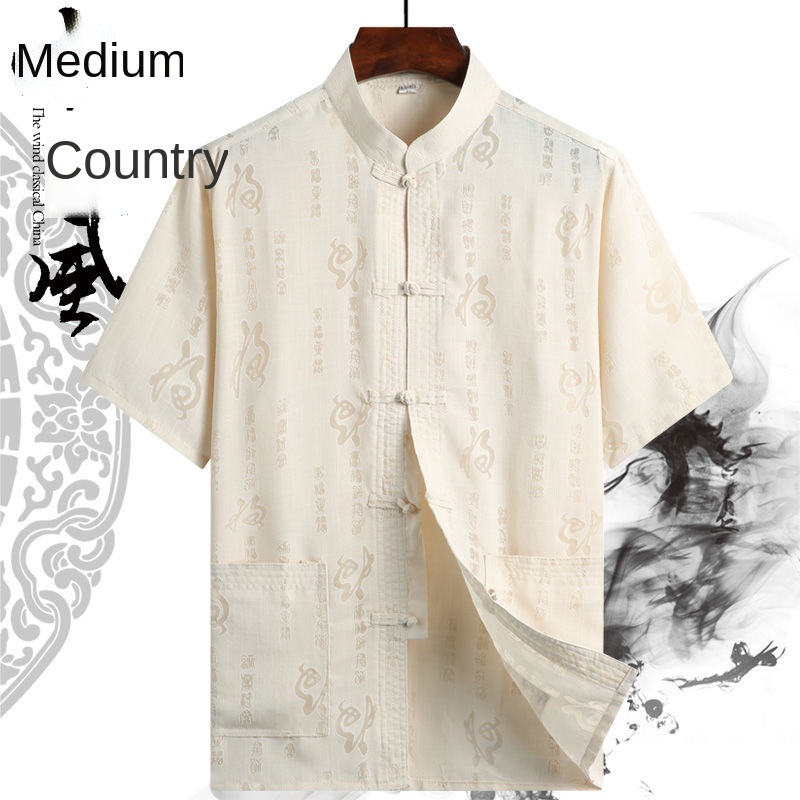 Áo sơ mi tay ngắn vải lanh cotton phong cách Trung Hoa thời trang mùa hè cho nam trung niên 50 tuổi 60 tuổi