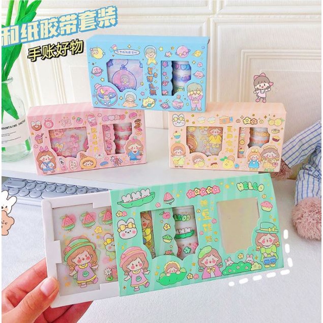 Hộp washi kèm sticker trang trí nhũ lấp lánh dễ thương đồng bộ