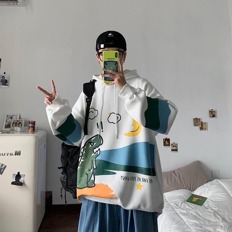 Áo hoodie sweater dáng rộng in hình khủng long kiểu Hàn Quốc cho nam