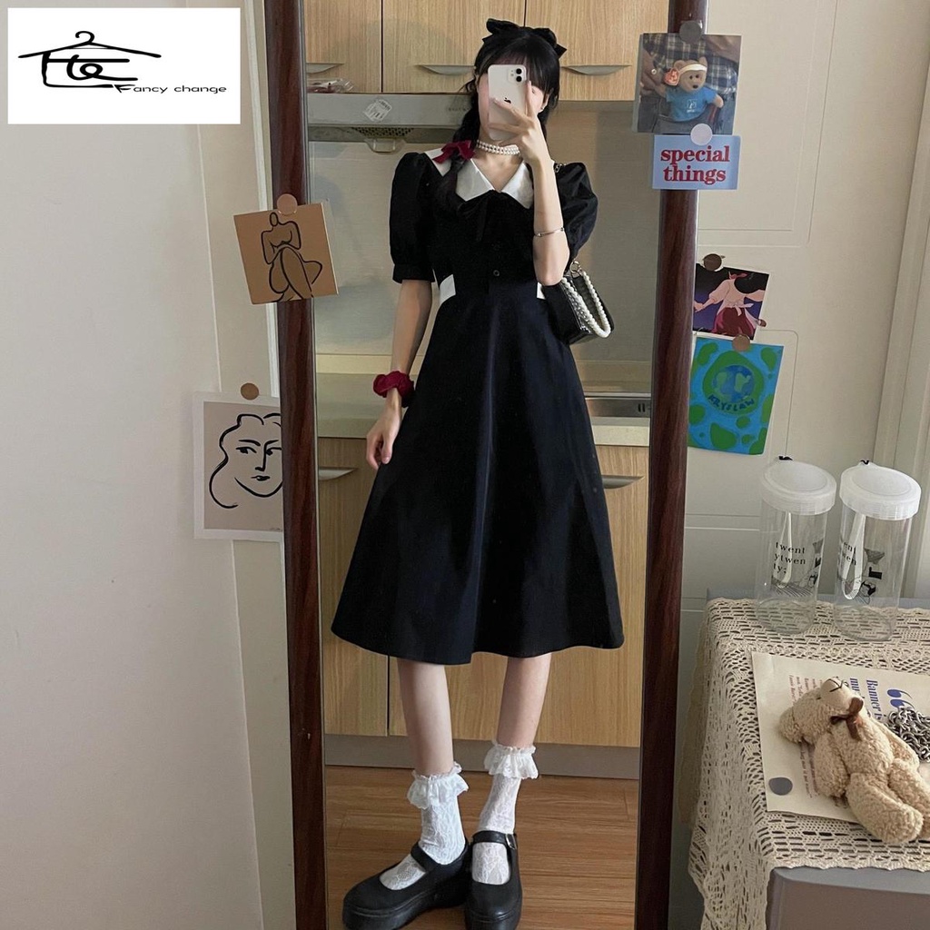 Hàng Có Sẵn Bán Chạy~Đầm Tay Phồng Dài Ôm Eo Màu Đen Kiểu Hàn Quốc Thời Trang Mùa Hè Cho Nữ