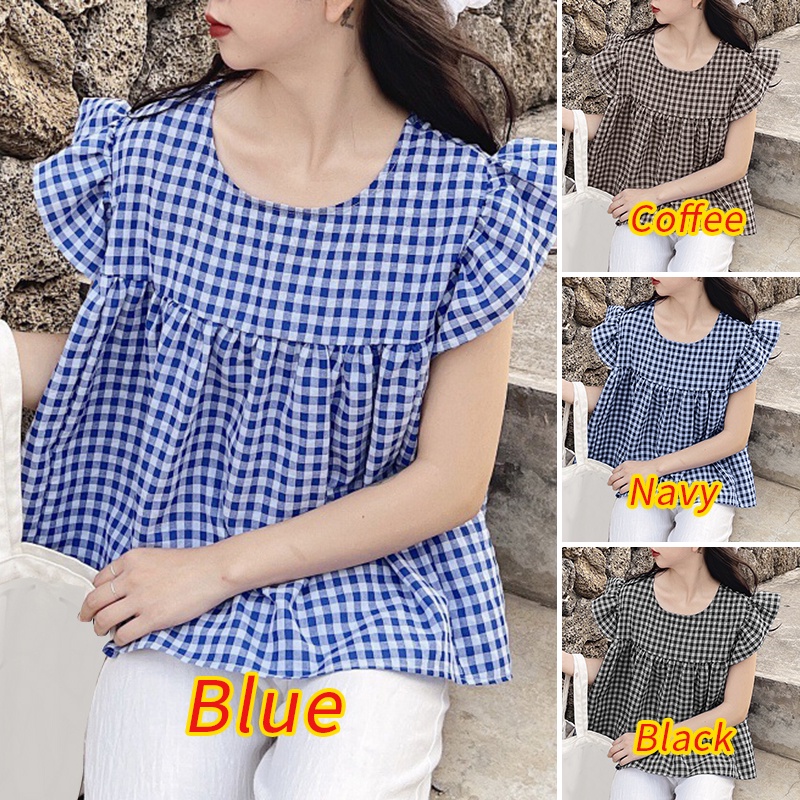 Áo kiểu ZANZEA tay ngắn xếp nếp cổ tròn họa tiết sọc ca rô phong cách Hàn Quốc thời trang dành cho nữ