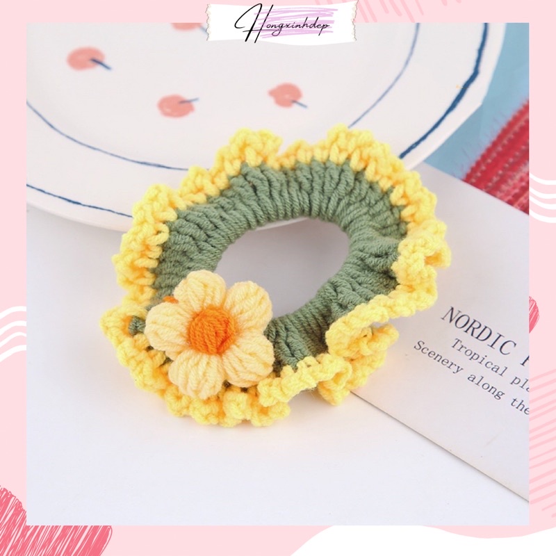 Dây buộc tóc len handmade, cột tóc scrunchies hoa len 5 cánh dễ thương cho nữ