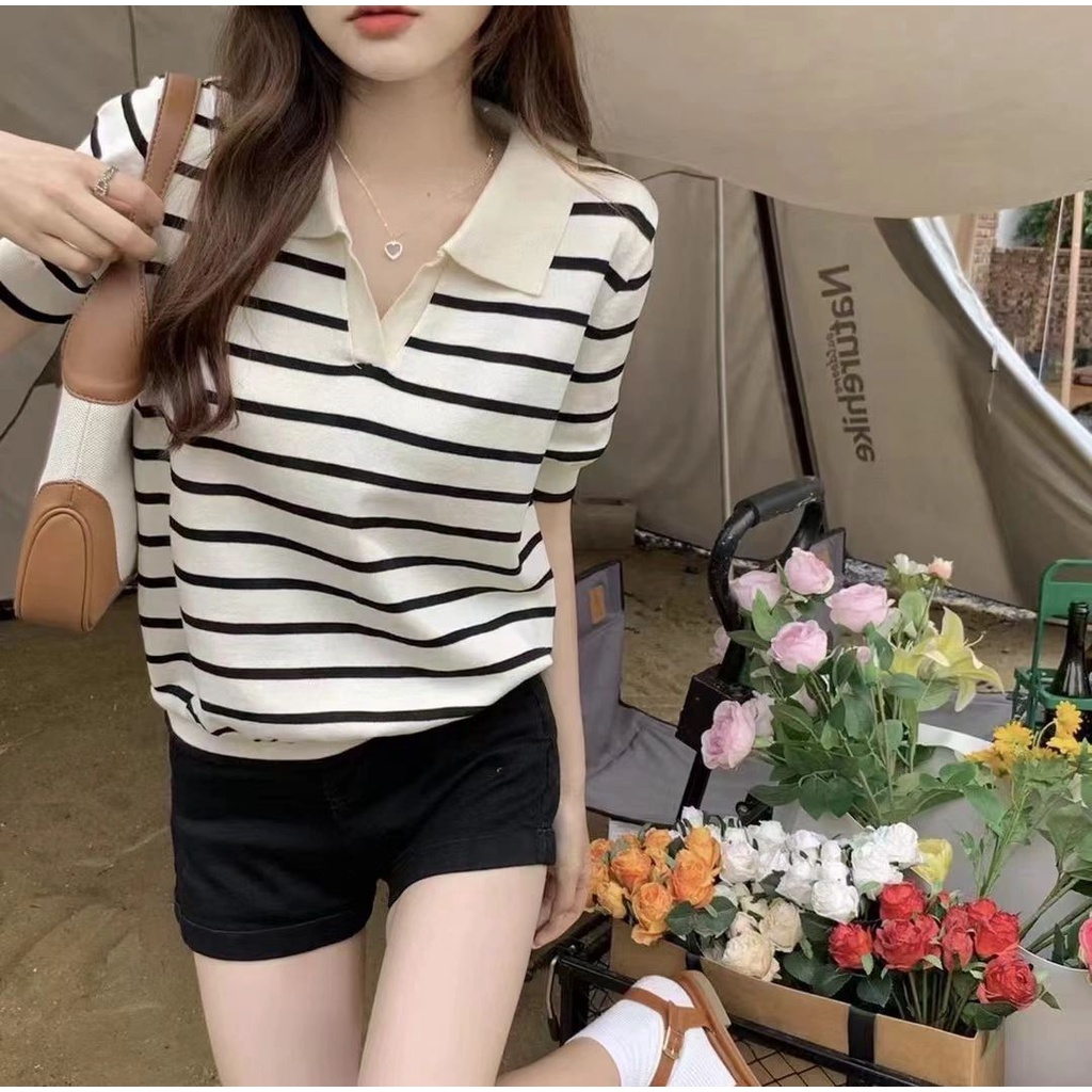 Áo dệt kim kẻ sọc tay ngắn cổ V dáng rộng phong cách Hàn Quốc