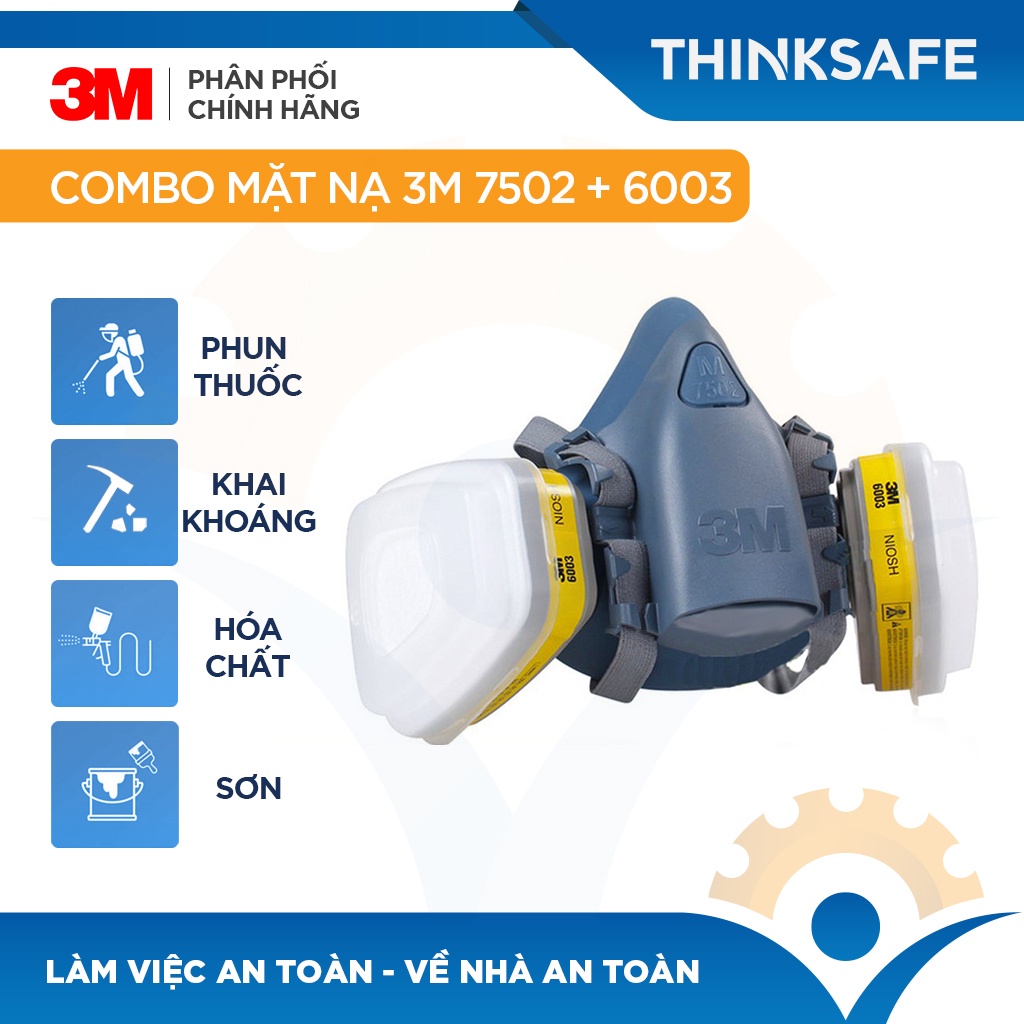 Mặt nạ phòng độc 3M 7502 / 6003 lọc hơi độc Hơi hữu cơ vô cơ Phun sơn Phun xịt thuốc sâu Mặt nạ chính hãng - THINKSAFE