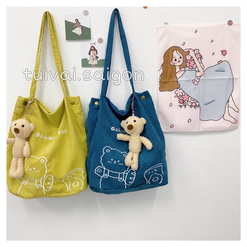 ẢNH THẬT Túi tote túi vải nhung kèm móc khoá gấu teddy 3 màu đáng yêu