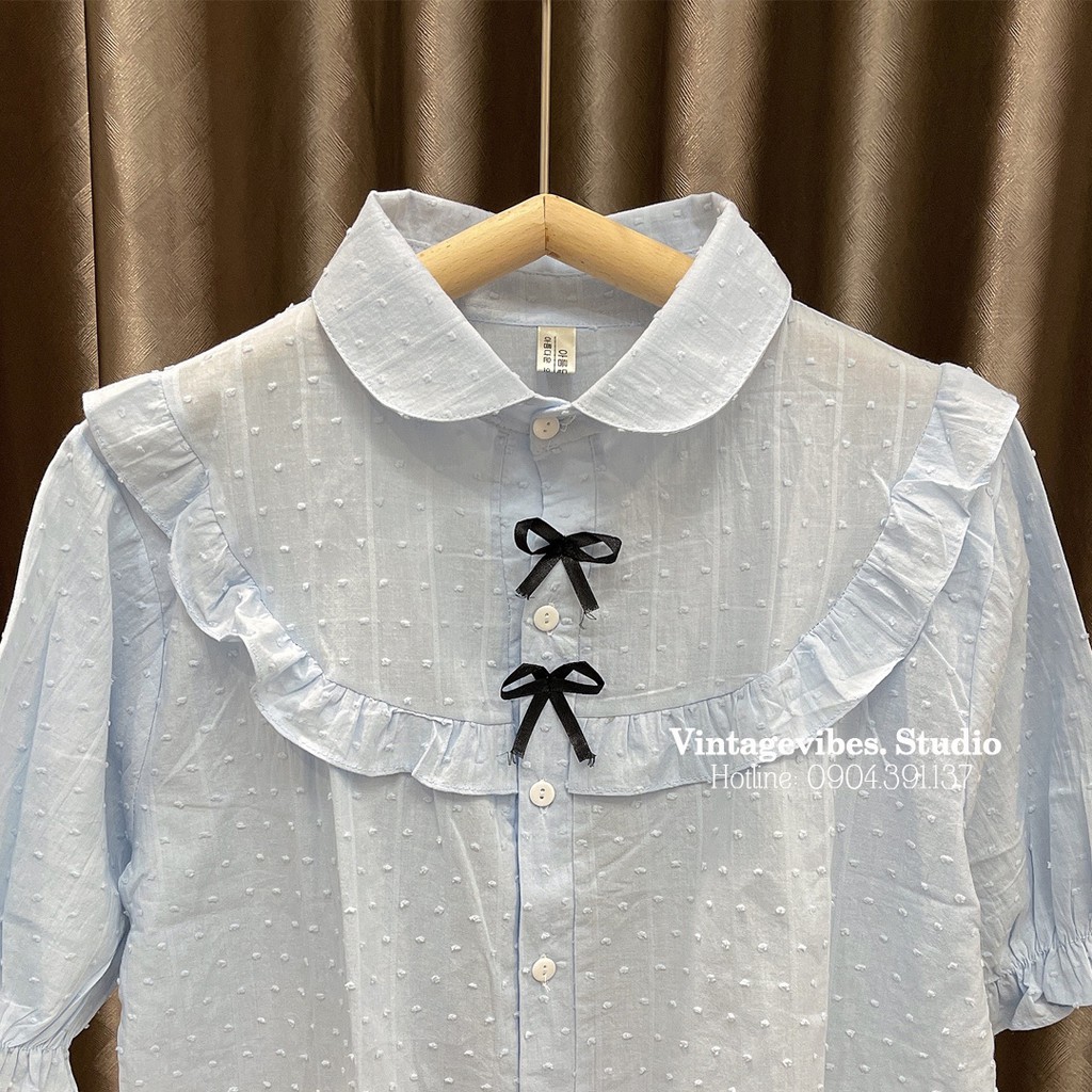 Áo babydoll cổ sen tay phồng phối nơ tiểu thư (hàng QC) - Ảnh thật