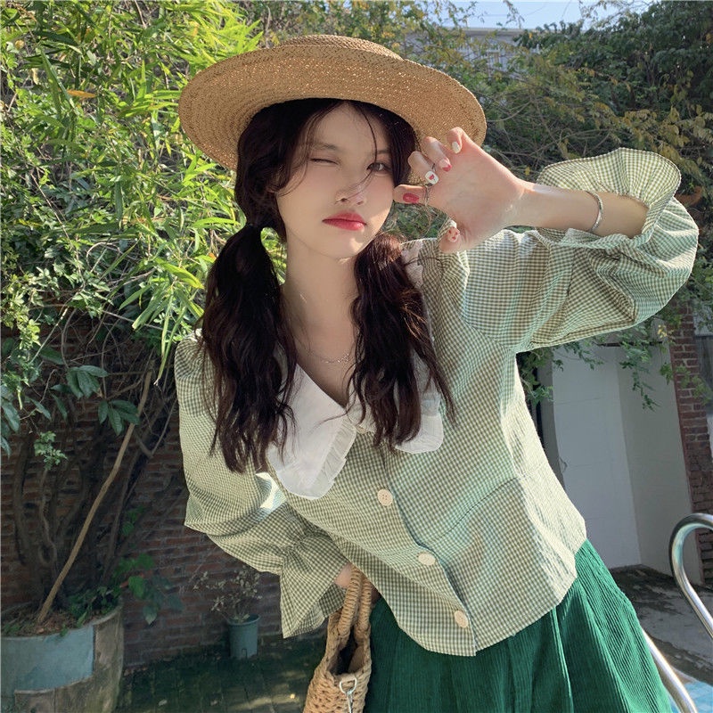 Áo Kiểu Tay Phồng Cổ Búp Bê Họa Tiết Sọc Caro Phong Cách Retro