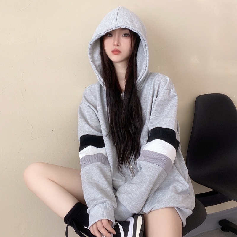 ZHELIHANGFEI Áo Khoác Tay Dài Có Nón Khóa Kéo Phong Cách Preppy Dễ Phối Đồ