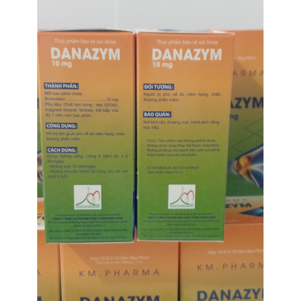 Viên uống DANAZYM 10 MG HỘP 100 VIÊN Hỗ trợ giảm sưng phù nề do viêm họng, chấn thương phần mềm
