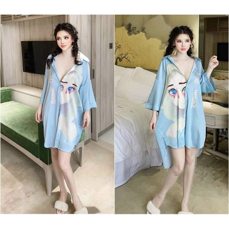 Váy Ngủ Sơ Mi Lụa họa tiết cao cấp, sang chảnh, mềm mịn,  Váy Ngủ Lụa  QCCC