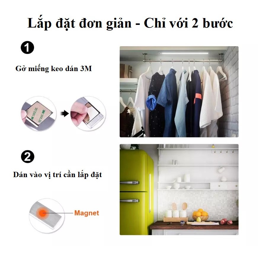 Bộ đèn LED cảm ứng tiện dụng gắn tủ quần áo , tủ chén ,tự động sáng , tích hợp pin sạc.