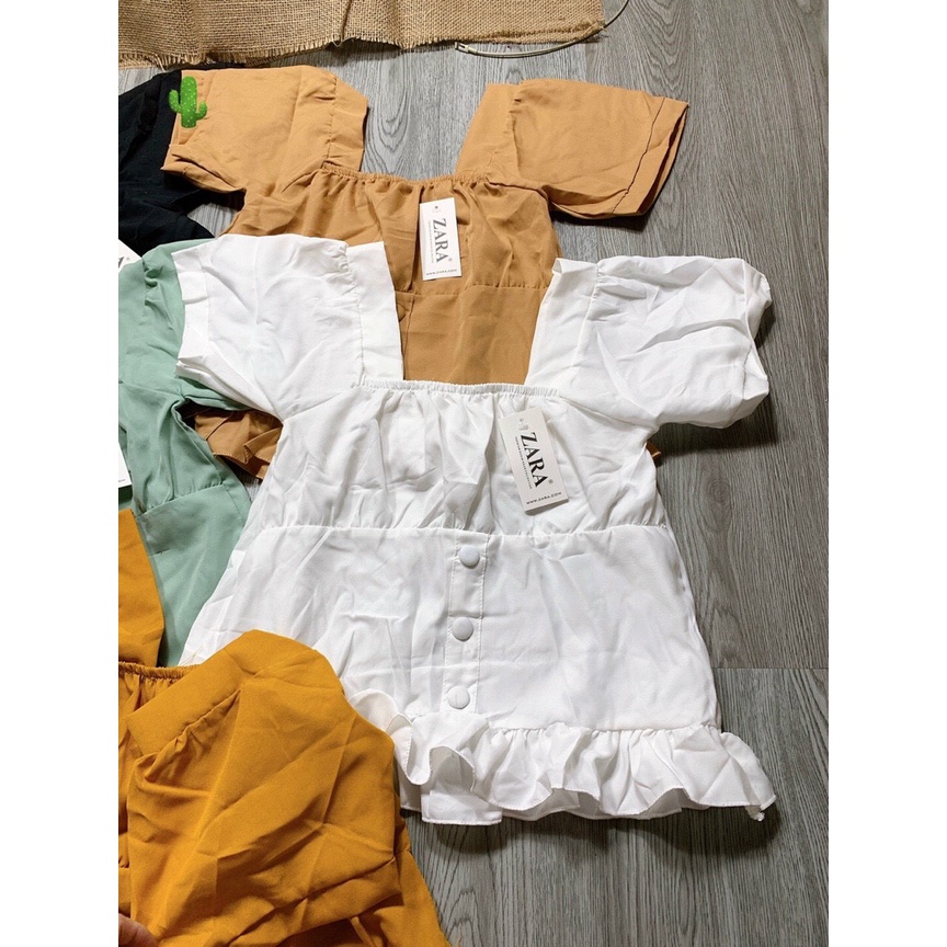 ÁO KIỂU KATE LỤA CỔ VUÔNG TAY LOA NÚT BỌC VIỀN BÈO DƯỚI 52KG