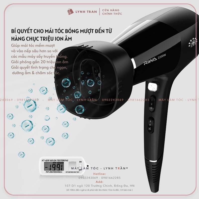 Máy sấy tóc ION công suất lớn 2200W đầu sấy tản gió tự động Riwa®️