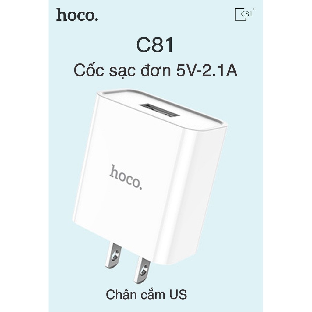 Củ Sạc Nhanh Hoco Chính Hãng C81 - Cốc Sạc Nhanh 2.1A 1 cổng sạc USB chất liệu PVC An toàn sạc cho mọi thiết bị - BH 12T