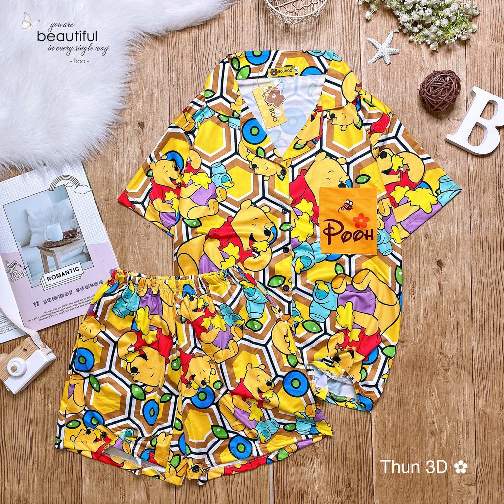 Đồ Ngủ Thun lạnh 3D cổ Pijama (form dưới 65kg)