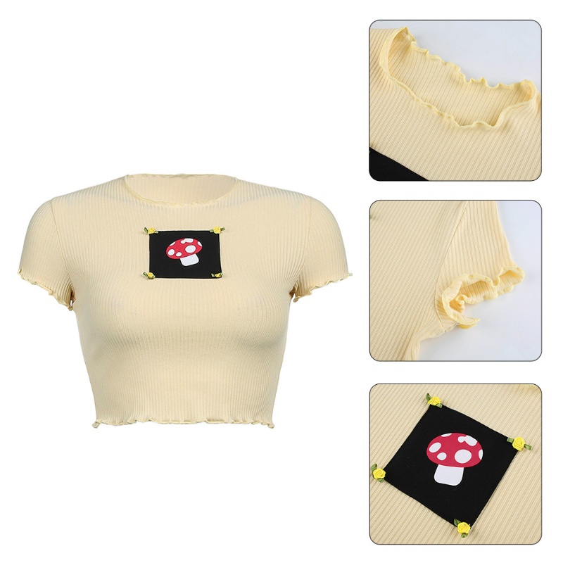 Xiangbao Áo Thun Tay Ngắn Cổ Tròn Thêu Hình Nấm Phối Bèo Phong Cách Harajuku Cho Nữ