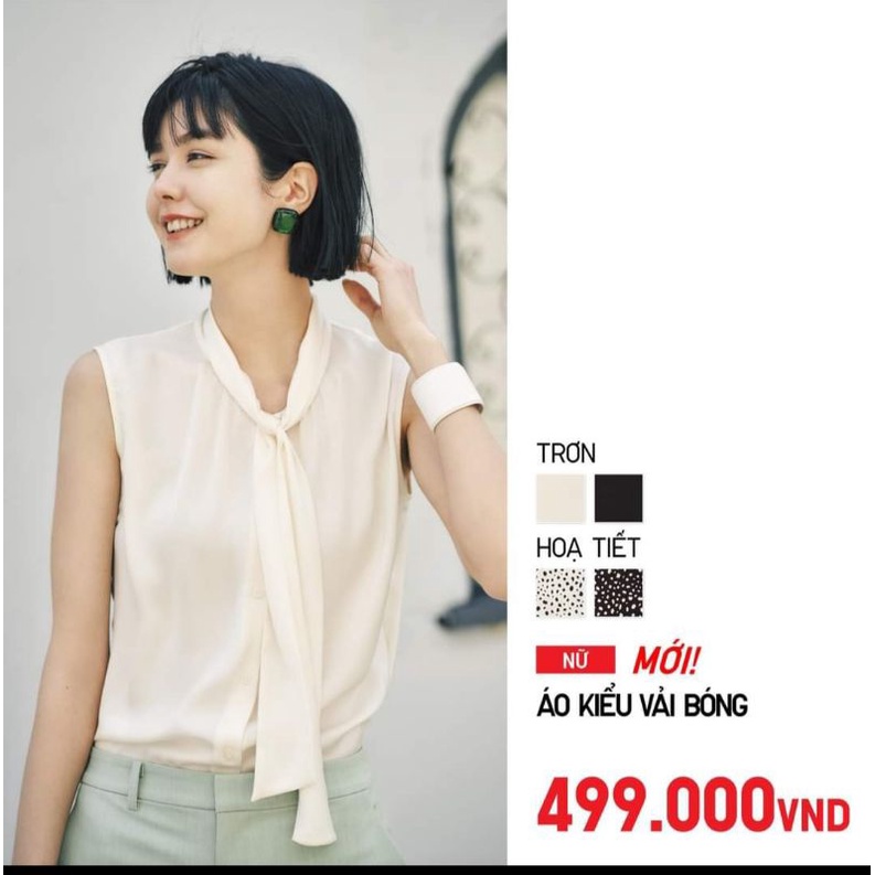 Áo sơ mi cổ nơ sát nách vải bóng nhẹ (UNIQLO Nhật chính hãng- Nữ)