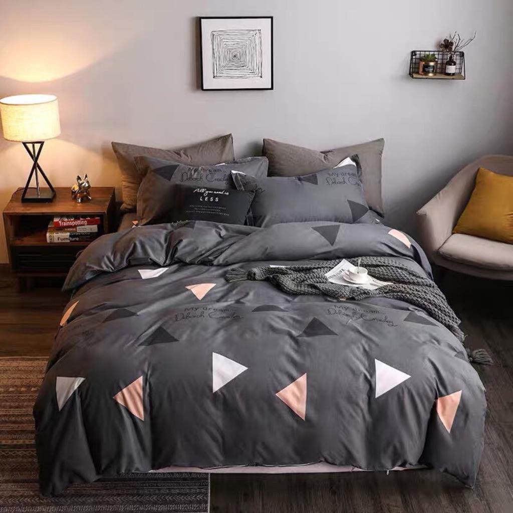 Bộ chăn ga gối drap giường chất cotton poly họa tiết tam giác nền ghi