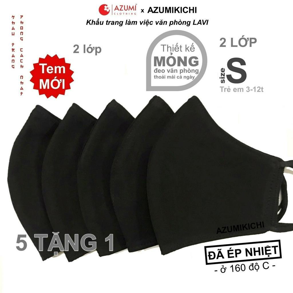 Khẩu trang vải Lavi 5 tặng 1 size nhỏ màu đen dùng cho học sinh đi học, khau trang vai 3D cho trẻ em Azumikichi A1S