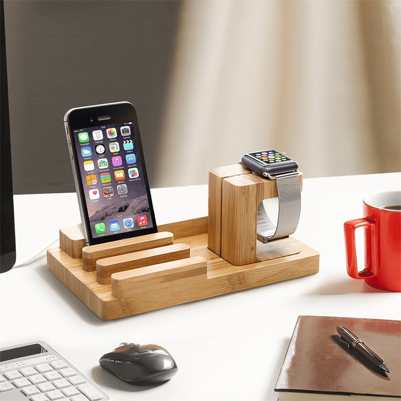 Giá Đỡ Điện Thoại Máy Tính Bảng Apple Watch Pad iPhone Để Bàn Bằng Gỗ Tre 3 Trong 1