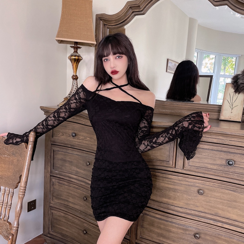 Đầm ngắn dự tiệc không cổ hở vai phối ren quyến rũ kiểu mùa xuân A1637 o6QR