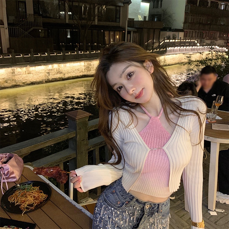 Cocory vn Set Áo Lửng Hai Dây Và Áo Khoác cardigan Thời Trang Dành Cho Nữ