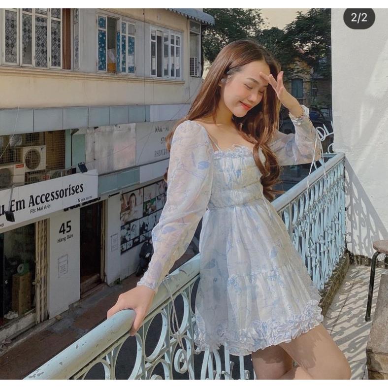 Đầm voan hoa xanh dáng xòe nhún ngực thắt nơ