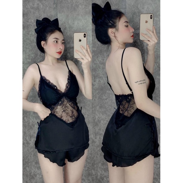 Đồ ngủ sexy nữ - Đồ ngủ 2 dây ren có mút chất vải Satin mịn quyến rũ