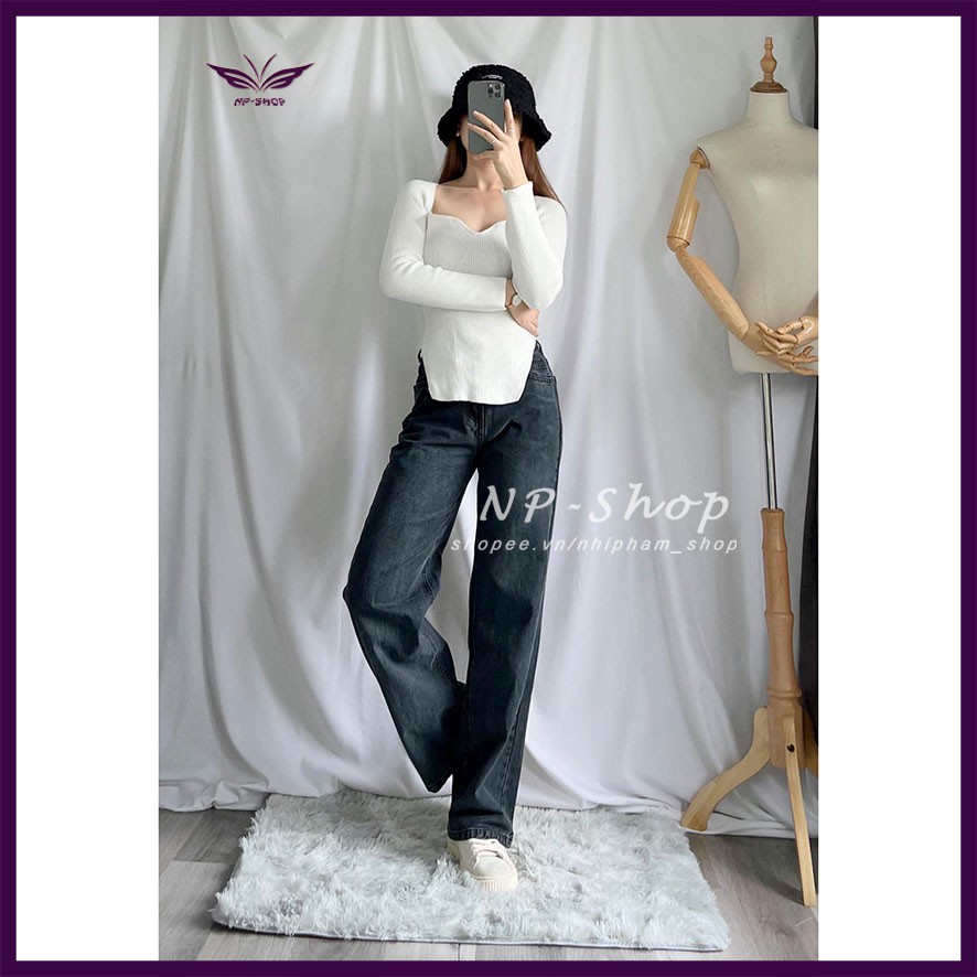 Quần jean nữ ống rộng NPSHOP lưng cao, quần bò suông nữ dáng dài NPQUAN021