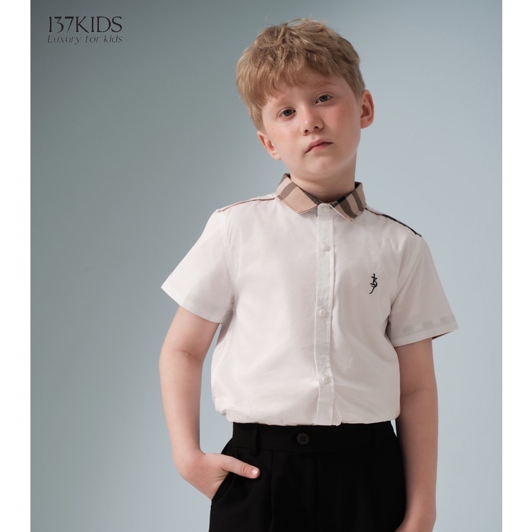 Áo sơ mi burberry 137Kids trắng cộc tay vải cotton thoáng mát cho bé trai