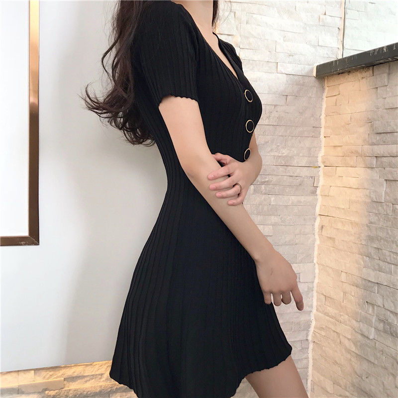 Đầm tay ngắn tay cổ chữ V phong cách Hàn Quốc hợp thời trang cho nữ | BigBuy360 - bigbuy360.vn